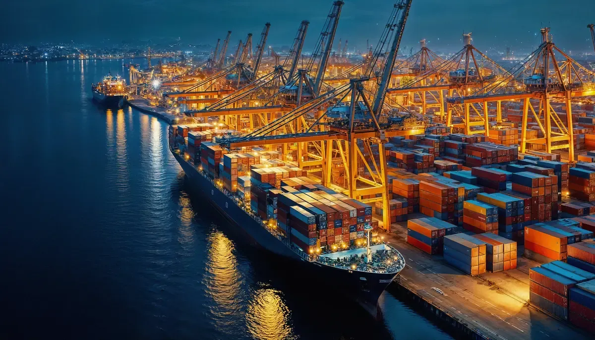 Container ship being worked overnight at a Fretrix ocean gateway