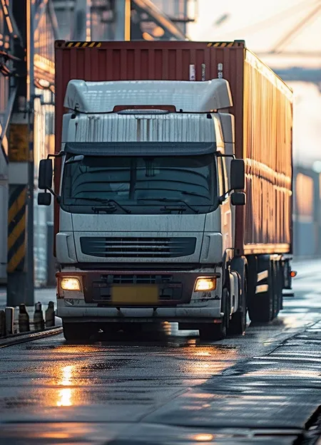 Freight trucks on a highway at sunset