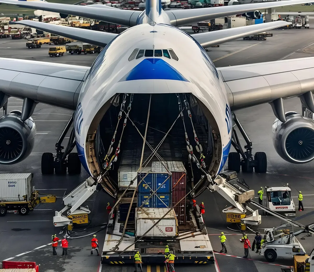 Cargo being loaded into the hold of a freighter aircraft