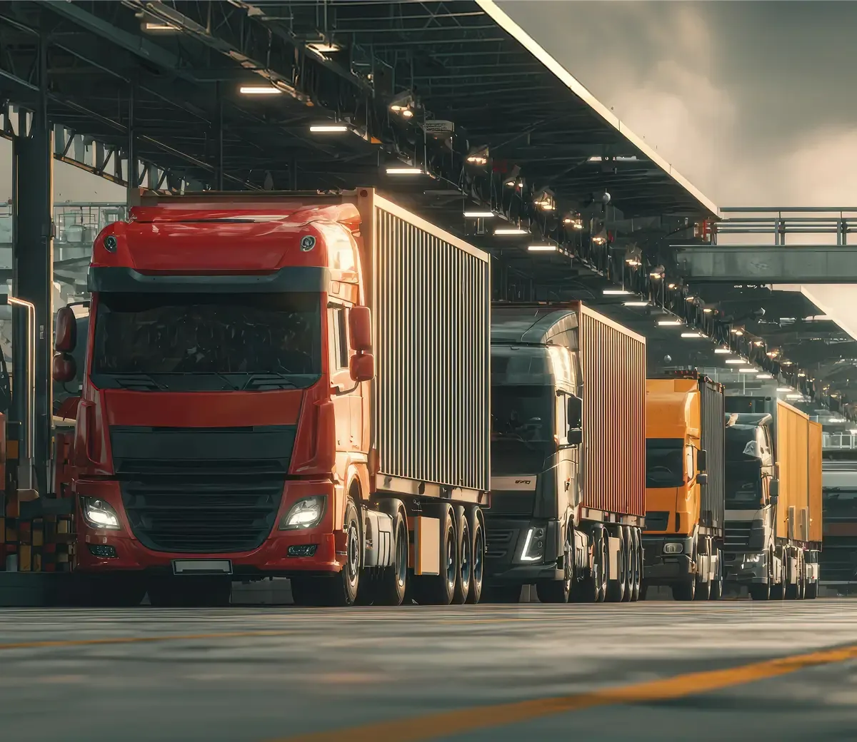 Line of articulated trucks at an industrial loading dock