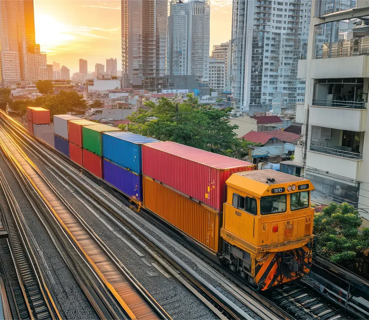 Freight train carrying shipping containers through open country