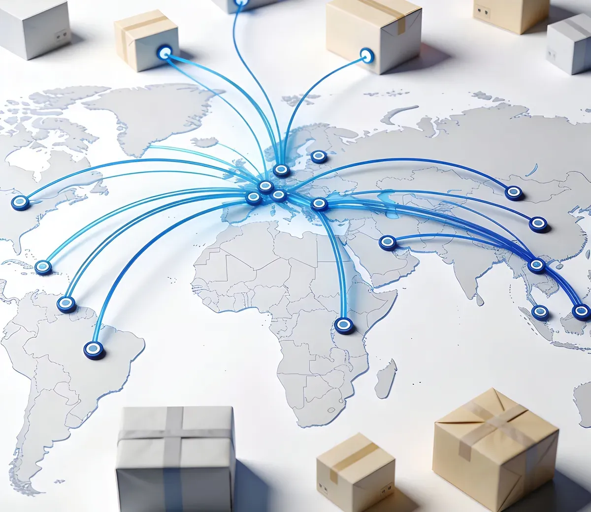 Global logistics network mapped across continents with tracked routes
